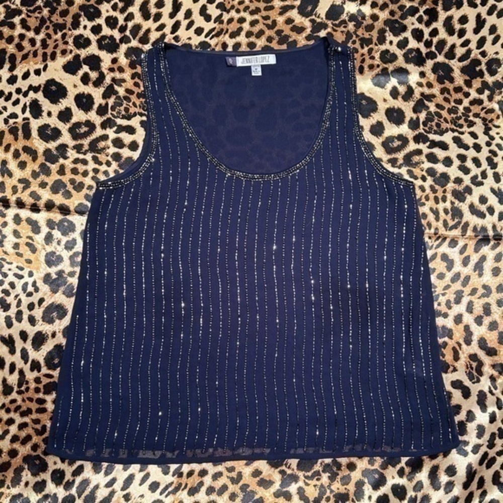 Jennifer Lopez Chiffon Navy Beaded Full Length Tank